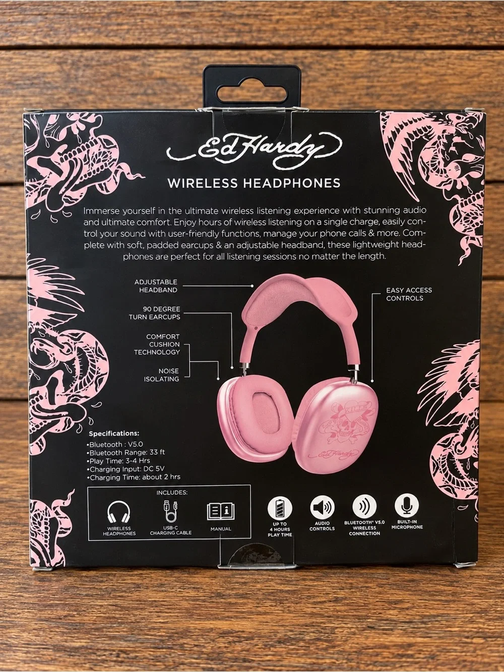 Ed Hardy Pink Tattoo-Print Wireless Headphones Bluetooth Over-Ear